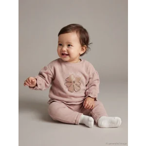 LCW baby Kahverengi Çiçek Baskılı Fırfırlı Kız Bebek Sweatshirt ve Eşofman Altı