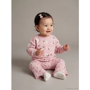 LCW baby Pembe Bisiklet Yaka Çiçekli Kız Bebek Sweatshirt ve Tayt