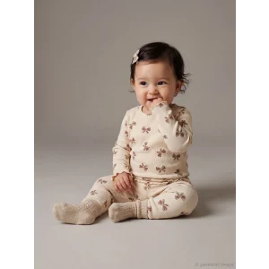 LCW baby Bej Bisiklet Yaka Fiyonk Baskılı Kız Bebek Tişört ve Tayt