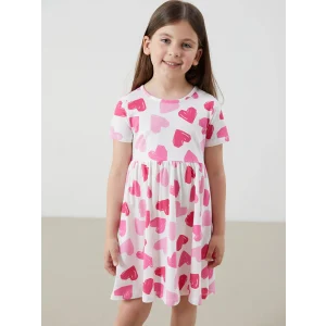 LCW Kids Ekru Bisiklet Yaka Baskılı Kız Çocuk Penye Elbise