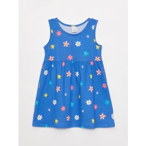 LCW baby Mavi Bisiklet Yaka Desenli Kız Bebek Elbise