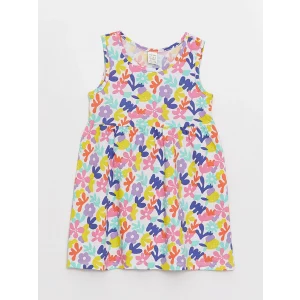 LCW baby Ekru Bisiklet Yaka Desenli Kız Bebek Elbise