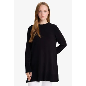 Defacto H3431AZBK27 Siyah Regular Fit Bisiklet Yaka Yırtmaçlı Basic Düz Triko Kazak Tunik