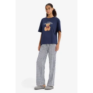 Defacto F4016AXNV241 Lacivert Regular Fit Pijama Takımı Ayıcık Baskılı Kısa Kollu Üst Kareli Alt-Fall in Love