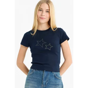 Defacto G2770AXNV1 Lacivert Fitted Yıldız Desenli Ribana Tişört