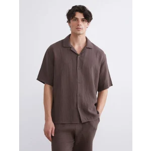 XSIDE Kahverengi Rahat Kalıp Resort Yaka Kısa Kollu Müslin Erkek Gömlek