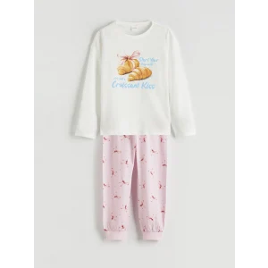 LCW Kids Ekru Bisiklet Yaka Baskılı Kız Çocuk Pijama Takımı