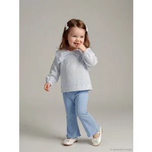 LCW baby Ekru Fiyonk Yaka Detaylı Çizgili Kız Bebek Bluz ve Tayt