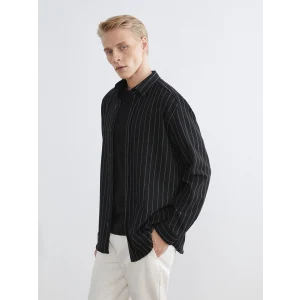 LCW Vision Siyah Regular Fit Uzun Kollu Çizgili Erkek Gömlek