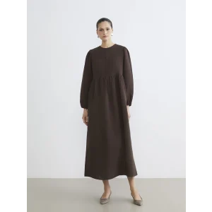 LCW Modest Kahverengi Bisiklet Yaka Balon Kollu Müslin Elbise