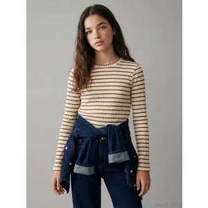 LCW Kids Bej Bisiklet Yaka Çizgili Kız Çocuk Tişört