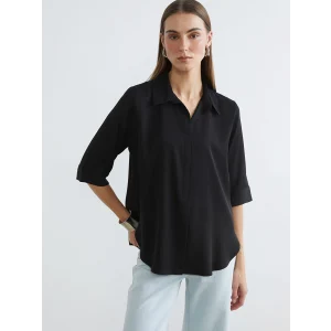 LCWAIKIKI Classic Siyah Gömlek Yaka Saten Bluz