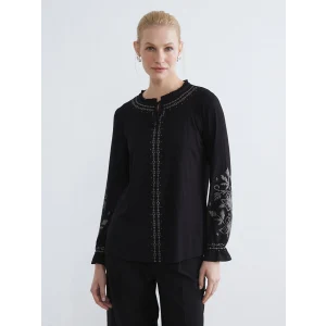 LCW Grace Siyah Bağlama Yaka Fırfırlı Desenli Bluz