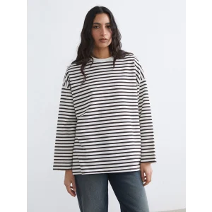 LCW Modest Kahverengi Çizgili Oversize Kadın Sweatshirt Tunik