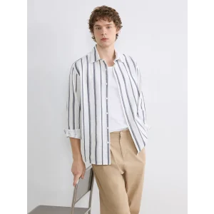 XSIDE Lacivert Regular Fit Çizgili Keten Görünümlü Erkek Gömlek