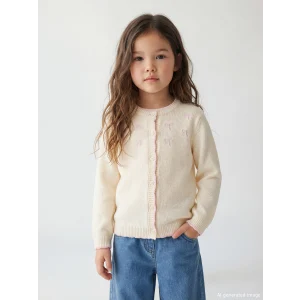 LCW Kids Ekru Standart Kalıp Kız Çocuk Nakışlı Triko Hırka