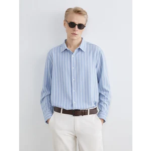 LCW Vision Mavi Regular Fit Çizgili Armürlü Erkek Gömlek