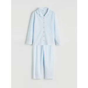 LCW Kids Beyaz Çizgili Gömlek Yaka Kız Çocuk Pijama Takım