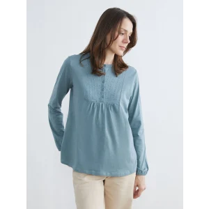 LCW Grace Mavi Bisiklet Yaka Nakışlı Bluz