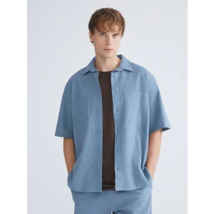 XSIDE İndigo Rahat Kalıp Kısa Kollu Keten Görünümlü Erkek Gömlek