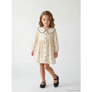 LCW Kids Ekru Bebe Yaka Fırfırlı Kız Çocuk Elbise