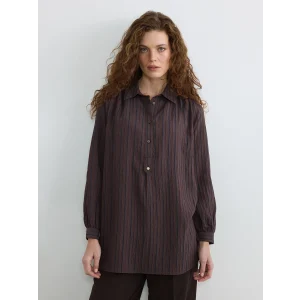 LCWAIKIKI Classic Lacivert Çizgili Oversize Armürlü Kadın Gömlek Tunik