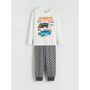 LCW Kids Ekru Bisiklet Yaka Baskılı Erkek Çocuk Pijama Takımı