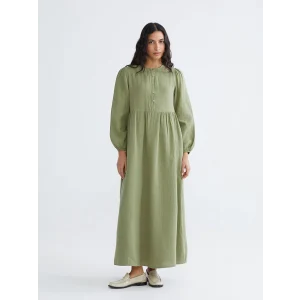 LCW Modest Yeşil Bisiklet Yaka Balon Kollu Müslin Elbise