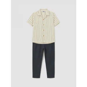 LCW Kids Bej Kısa Kollu Çizgili Erkek Çocuk Gömlek ve Pantolon