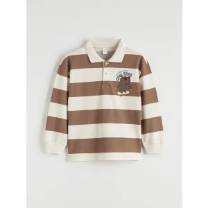 LCW Kids Kahverengi Polo Yaka Çizgili Baskılı Erkek Çocuk Tişört