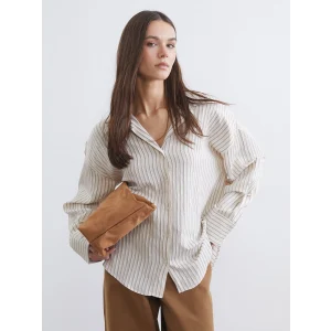 LCW Vision Ekru Çizgili Oversize Kadın Gömlek