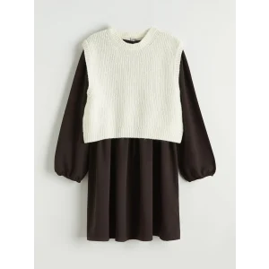 LCW Kids Ekru Bisiklet Yaka Kız Çocuk Elbise ve Triko Süveter