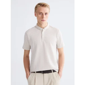 LCW Vision Bej Hakim Yaka Çizgili Erkek Tişört