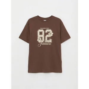 LCW Kids Kahverengi Bisiklet Yaka Baskılı Kız Çocuk Tişört