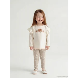 LCW baby Ekru Çiçek Baskılı Kız Bebek Tişört ve Eşofman Alt Takım