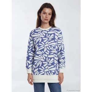 LCW Modest Mavi Bisiklet Yaka Desenli Kadın Sweatshirt Tunik