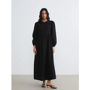 LCW Modest Siyah Bisiklet Yaka Balon Kollu Müslin Elbise