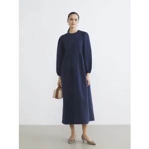 LCW Modest İndigo Bisiklet Yaka Balon Kollu Müslin Elbise
