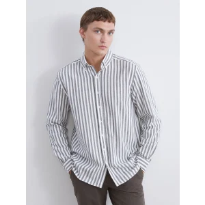 SOUTHBLUE Haki Regular Fit Çizgili Keten Görünümlü Erkek Gömlek