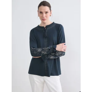 LCW Grace Lacivert Bağlama Yaka Fırfırlı Desenli Bluz