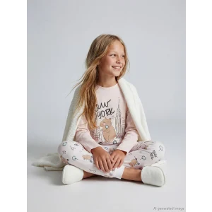 LCW Kids Pembe Bisiklet Yaka New York Baskılı Kız Çocuk Pijama Takım