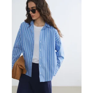 LCW Vision Mavi Çizgili Oversize Kadın Gömlek