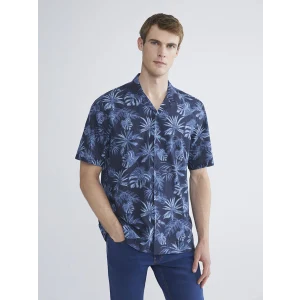 SOUTHBLUE Lacivert Regular Fit Resort Yaka Kısa Kollu Desenli Poplin Erkek Gömlek