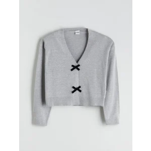 LCW Kids Gri V Yaka Fiyonk Detaylı Kız Çocuk Triko Hırka