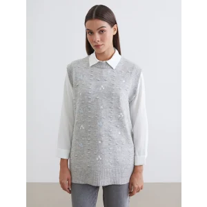 LCW Modest Gri Bisiklet Yaka Nakışlı Kadın Triko Süveter