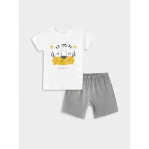 LCW baby Ekru Bisiklet Yaka Kısa Kollu Baskılı Erkek Bebek Şortlu Pijama Takımı