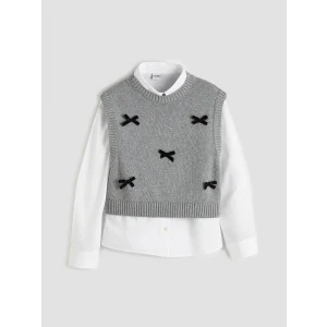 LCW Kids Ekru Fiyonk Detaylı Kız Çocuk Triko Süveter ve Gömlek