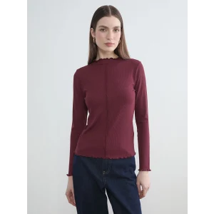 LCW Modest Bordo Fırfırlı Dik Yaka Kadın Body