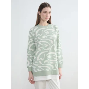 LCW Modest Yeşil Bisiklet Yaka Desenli Kadın Sweatshirt Tunik