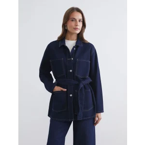LCWAIKIKI Classic İndigo Gömlek Yaka Beli Kuşaklı Kadın Jean Ceket